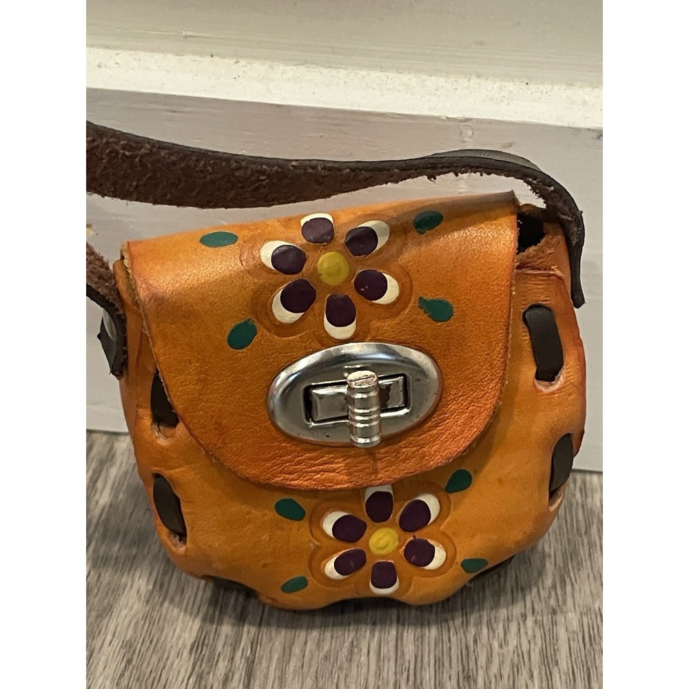 Hand Tooled Leather Orange Floral Western Crossbody Mini Bag 4" Mexico